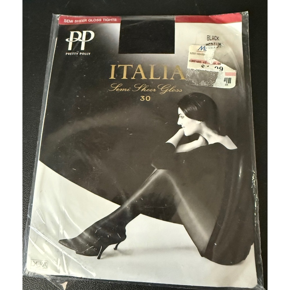 Pretty Polly Womens Medium Italia Semi Sheer Gloss Tights Black 30 Denier NEW